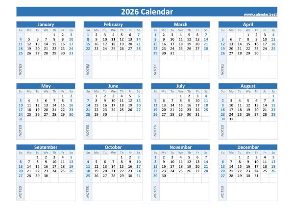 2026 calendar with blank notes