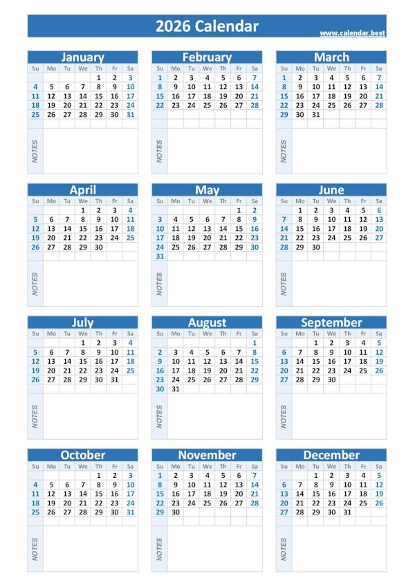 2026 calendar with blank notes