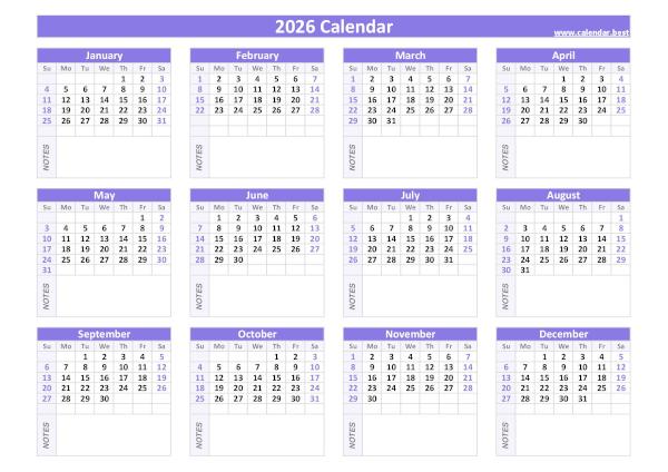 2026 calendar with blank notes