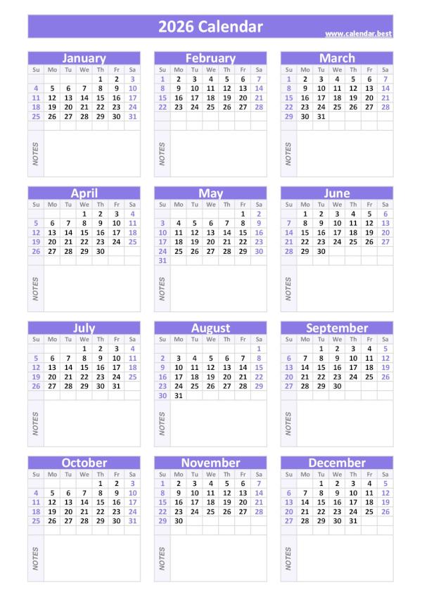 2026 calendar with blank notes