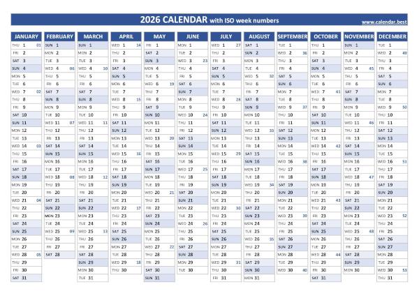 2026 yearly calendar with ISO week numbers