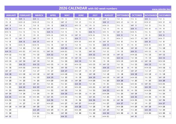 Printable 2026 calendar with iso week numbers, free dowload in pdf or jpg, purple template. 2026 calendar with iso week numbers