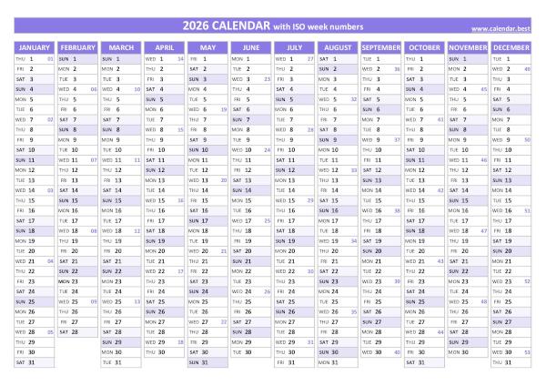 2026 calendar with iso week numbers