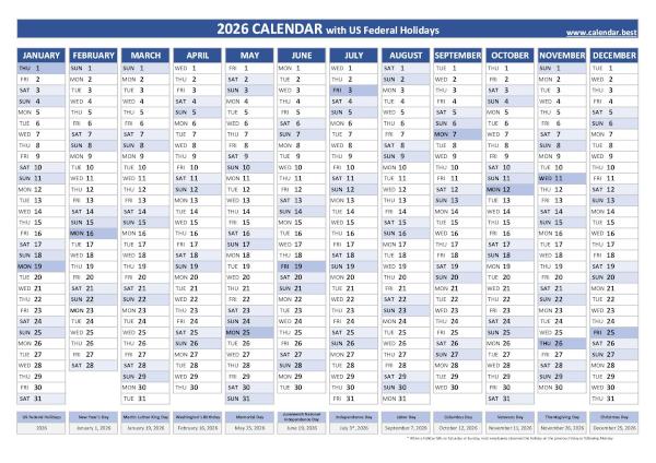 Printable 2026 calendar with holidays, free dowload in pdf or jpg, blue template. 2026 yearly calendar with holidays