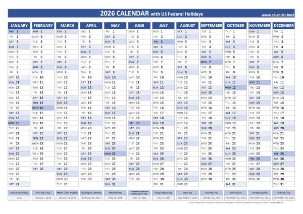 2026 yearly calendar with holidays