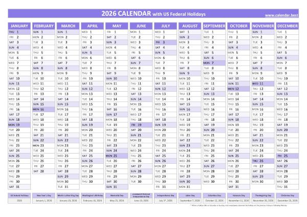 2026 yearly calendar with holidays