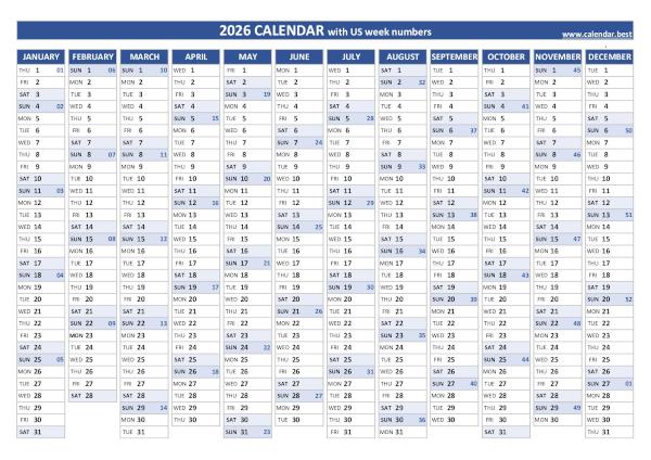 Printable 2026 calendar with week numbers, free dowload in pdf or jpg, blue template. 2026 calendar with week numbers