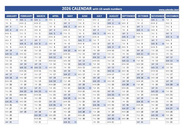 2026 calendar with week numbers