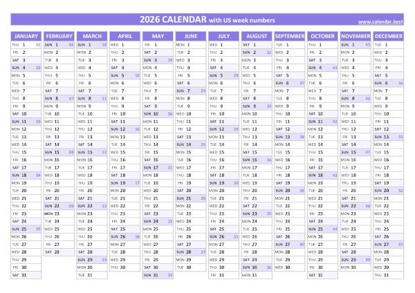 Printable 2026 calendar with week numbers, free dowload in pdf or jpg, purple template. 2026 calendar with week numbers