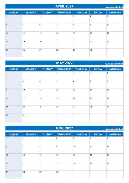 Calendar for 2nd quarter 2027: April, May and June 2027
