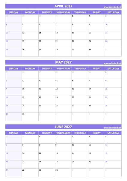 Q2 Quarterly Calendar 2027  to print in portrait format