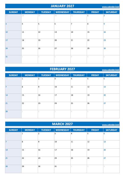 Calendar for 1st quarter 2027: January, February and March 2027