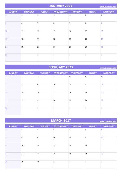 Q1 Quarterly Calendar 2027  to print in portrait format