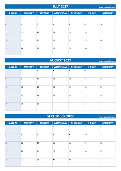 Calendar for 3rd quarter 2027: July, August and September 2027