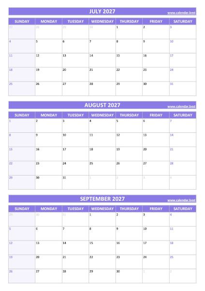 Q3 Quarterly Calendar 2027  to print in portrait format