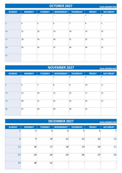 Calendar for 4th quarter 2027: October, November and December 2027