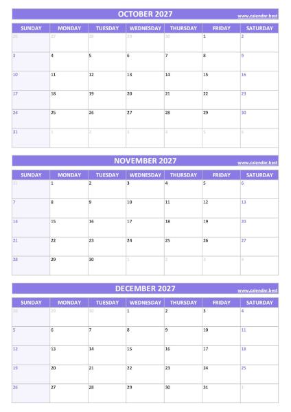 Q4 Quarterly Calendar 2027  to print in portrait format