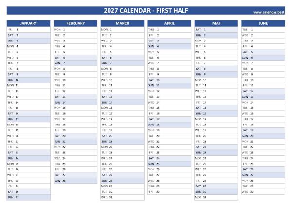 Calendar for the first 6 months of 2027 to print for free, blank version, blue template, A4 landscape format Blank calendar for first half 2027