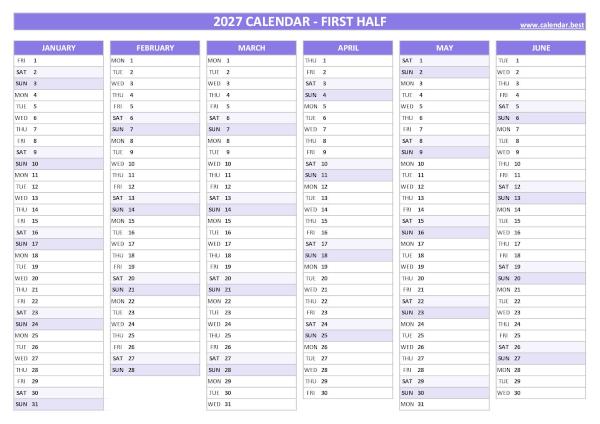 Calendar for the first 6 months of 2027 to print for free, blank version, purple template, A4 landscape format Blank calendar for first half 2027