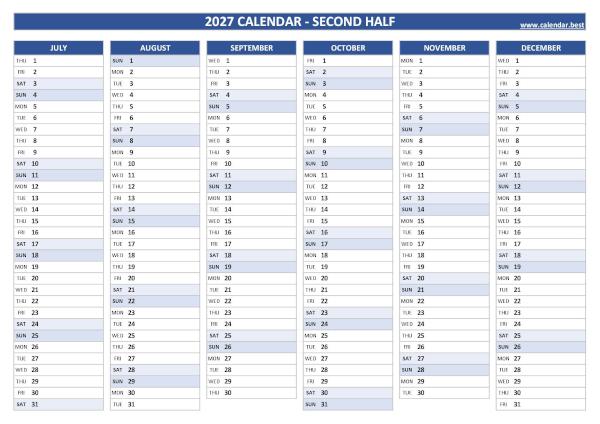 Calendar for the last 6 months of 2027 to print for free, blank version, blue template, A4 landscape format Blank calendar for second half 2027