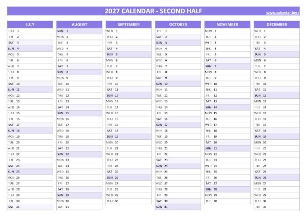 Calendar for the last 6 months of 2027 to print for free, blank version, purple template, A4 landscape format Blank calendar for second half 2027