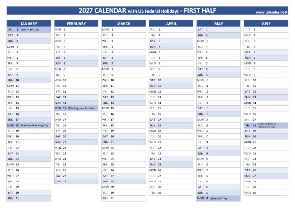 1st half 2027 calendar with holidays to print, blue template First half year calendar 2027 with holidays