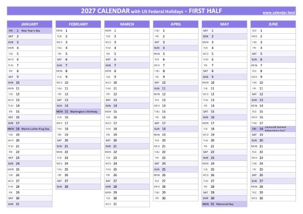 1st half 2027 calendar with holidays to print, purple template First half year calendar 2027 with holidays
