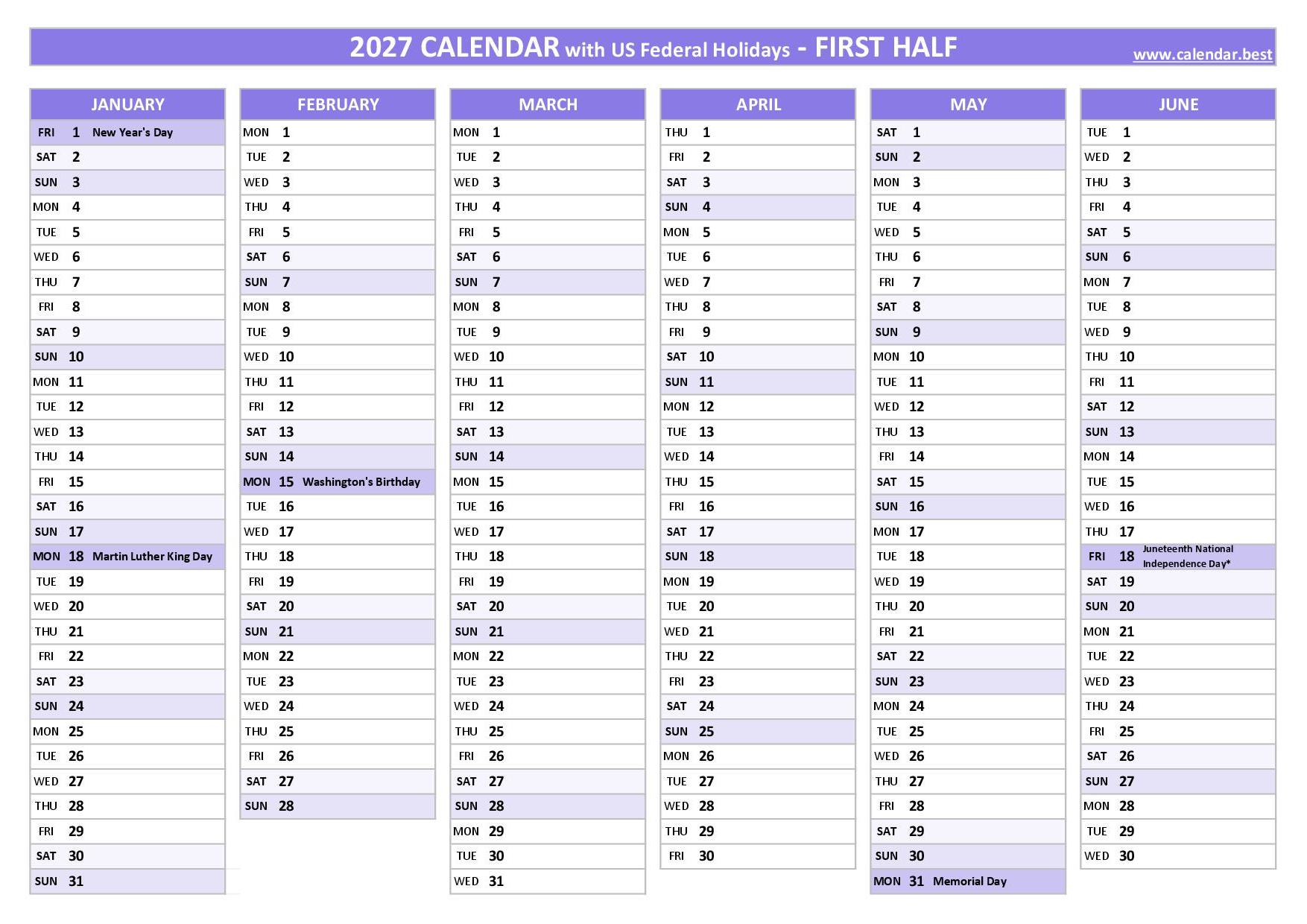 1st half 2027 calendar with holidays to print, purple template First half year calendar 2027 with holidays