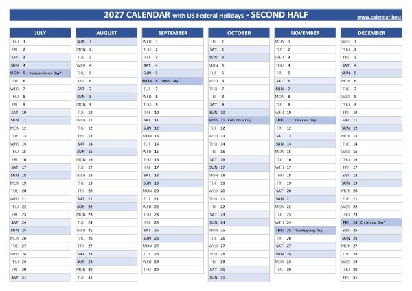 2nd half 2027 calendar with holidays to print, blue template Second half year calendar 2027 with holidays