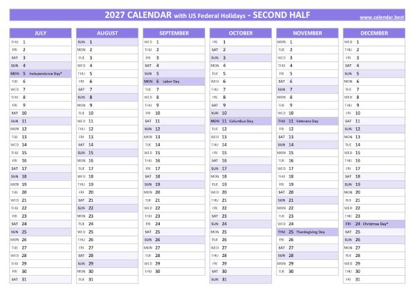 2nd half 2027 calendar with holidays to print, purple template Second half year calendar 2027 with holidays