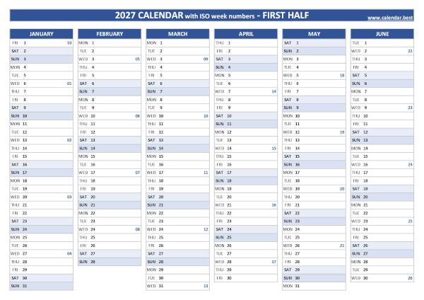 1st half 2027 calendar with ISO week numbers to print, blue template First half year calendar 2027 with ISO week numbers