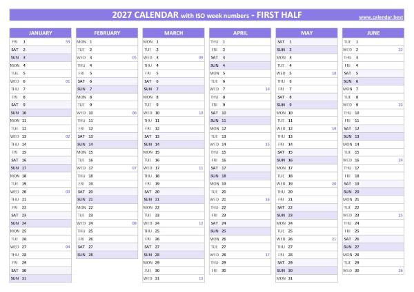 1st half 2027 calendar with ISO week numbers to print, purple template First half year calendar 2027 with ISO week numbers