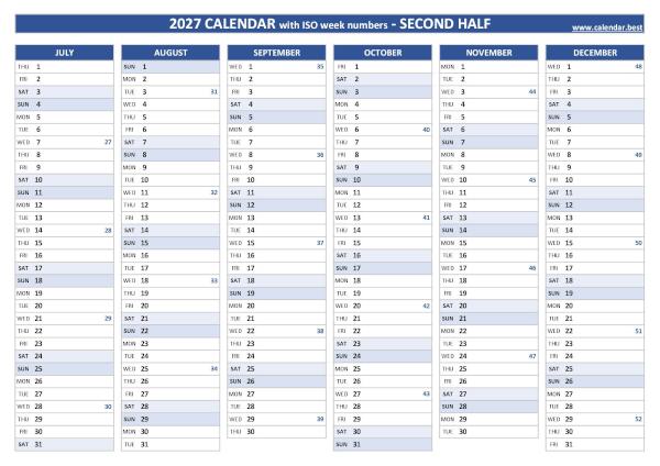 2nd half 2027 calendar with ISO week numbers to print, blue template Second half year calendar 2027 with ISO week numbers