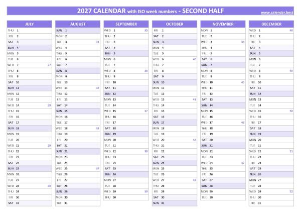 2nd half 2027 calendar with ISO week numbers to print, purple template Second half year calendar 2027 with ISO week numbers