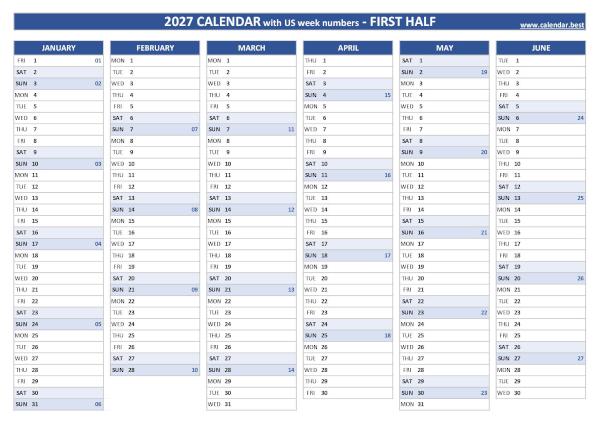 1st half 2027 calendar with US week numbers to print, blue template First half year calendar 2027 with US week numbers