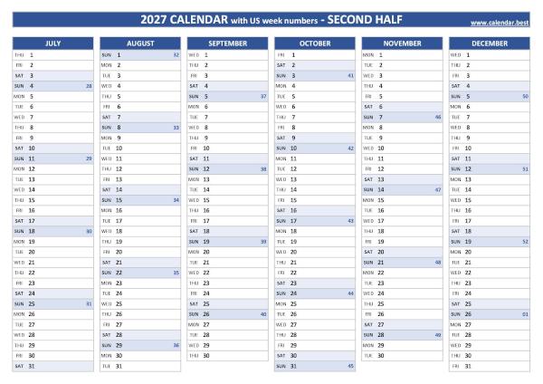 2nd half 2027 calendar with US week numbers to print, blue template Second half year calendar 2027 with US week numbers