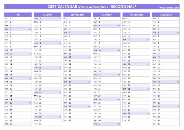 2nd half 2027 calendar with US week numbers to print, purple template Second half year calendar 2027 with US week numbers