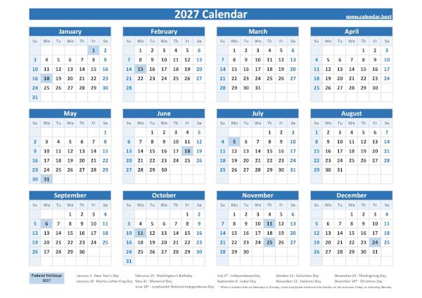 Printable 2027 calendar with holidays, free download, landscape A4 version, blue template. 2027 calendar with holidays.