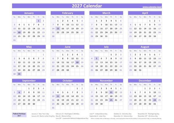 Printable 2027 calendar with holidays, free download, landscape A4 version, purple template. 2027 calendar with holidays.