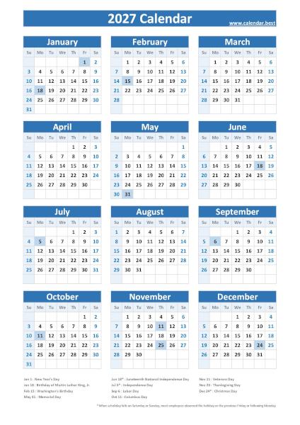 Printable 2027 calendar with holidays, free dowload in pdf or jpg, portrait format, blue template. 2027 calendar with holidays, blue template