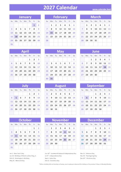 Printable 2027 calendar with holidays, free dowload in pdf or jpg, portrait format, purple template. 2027 calendar with holidays, purple template