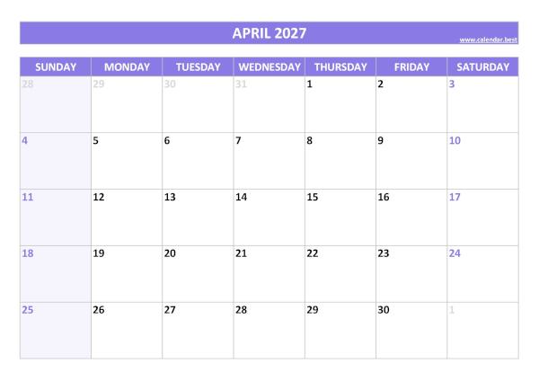 Monthly calendar printable, April 2027, purple template Blank monthly calendar : April 2027