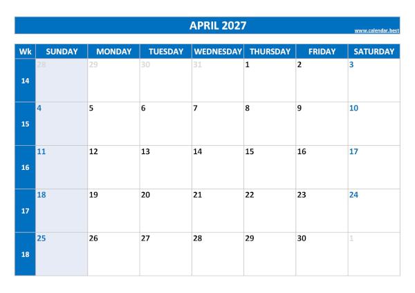 april calendar 2027 with US week numbers