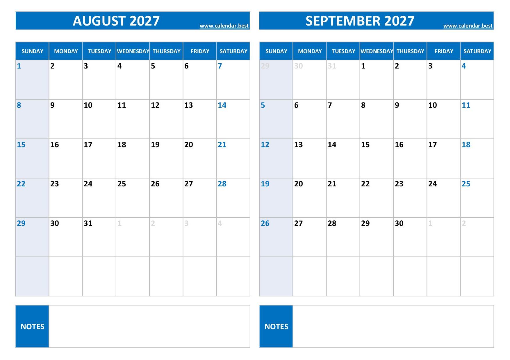 Printable Calendar August And September 2027 2 Printable August and September 2027 Calendar - Free PDF & JPG Downloads