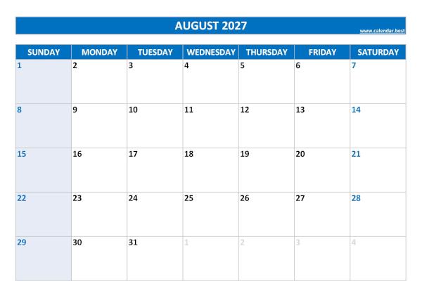 August 2027 calendar printable, free download, blue template August calendar 2027