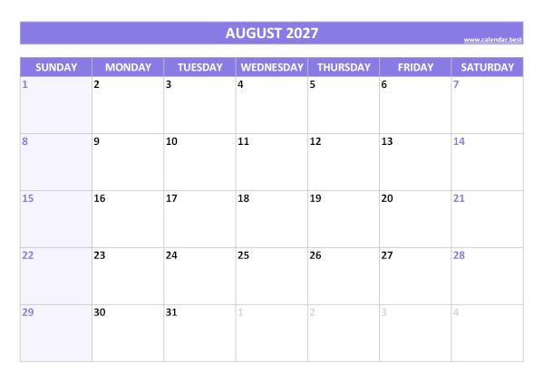 August 2027 calendar printable with federal holidays, free download, purple template August calendar 2027 with holidays