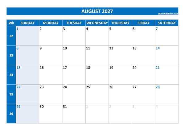 august calendar 2027 with US week numbers