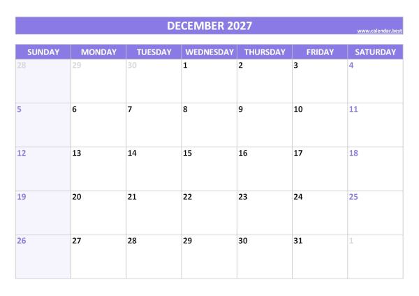 Monthly calendar printable, December 2027, purple template Blank monthly calendar : December 2027