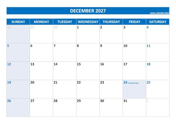 December 2027 calendar printable with federal holidays, free download, blue template December calendar 2027 with holidays