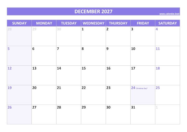 Printable monthly calendar with holidays, Month of december 2027, purple template december 2027 calendar with holidays